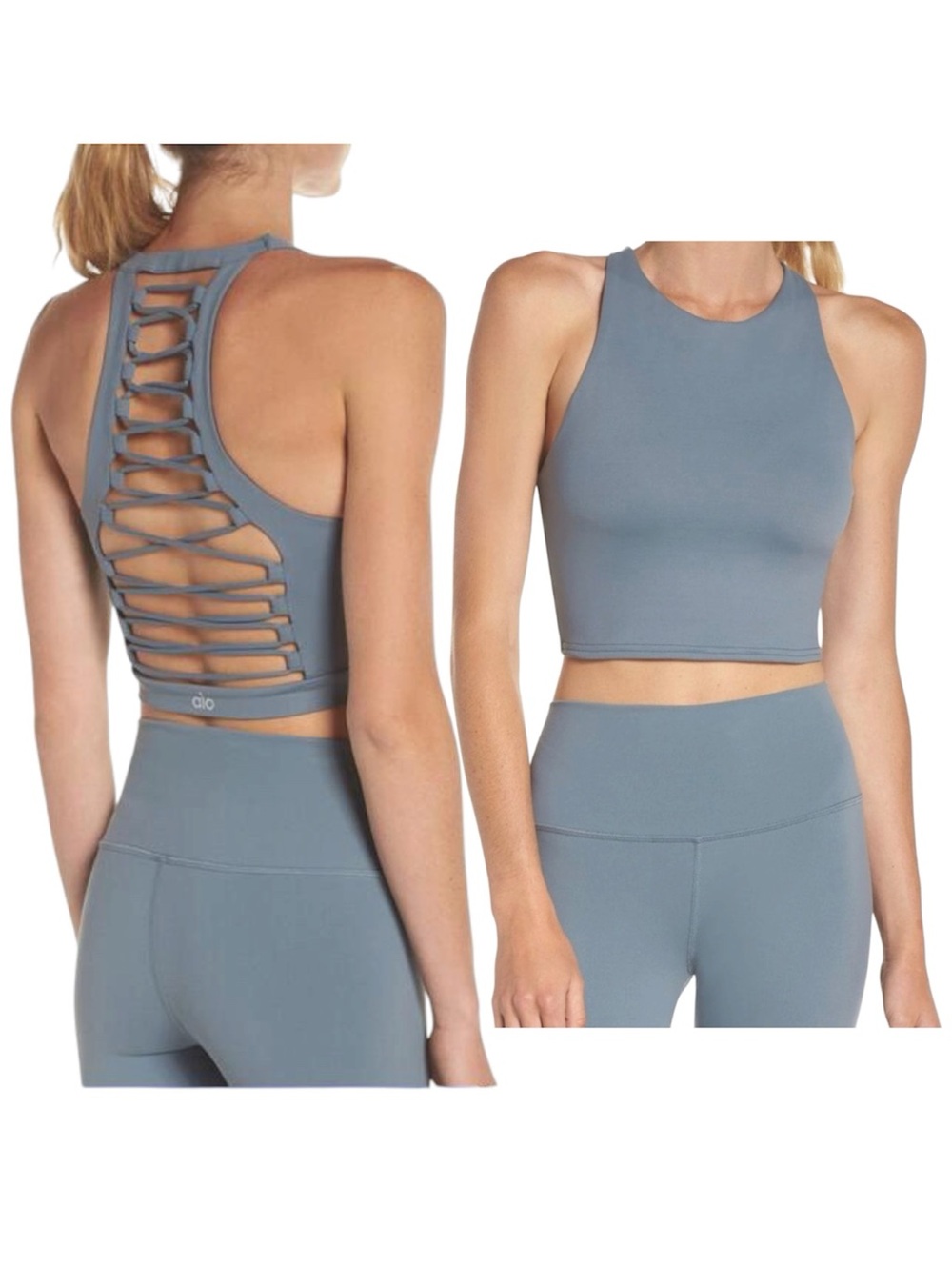Alo Yoga Movement Bra Blue Haze Grey Lace Up S